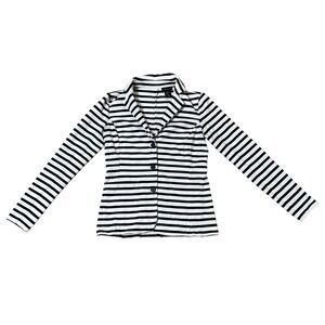 Tahari Womens XS Navy Blue White Striped Knit Blazer 3-Button Jacket Pocketed
